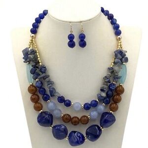 3pic Elegant Blue and Brown Beaded Necklace Set